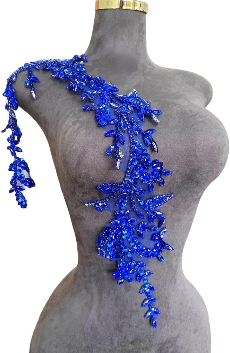ArtistryXB Handmade Shining Acrylic Rhinestones on lace Applique Sewing Beads Stones Trim Patches Accessories for Wedding Dress 4.3X 23.6inches (Blue) - Image 5